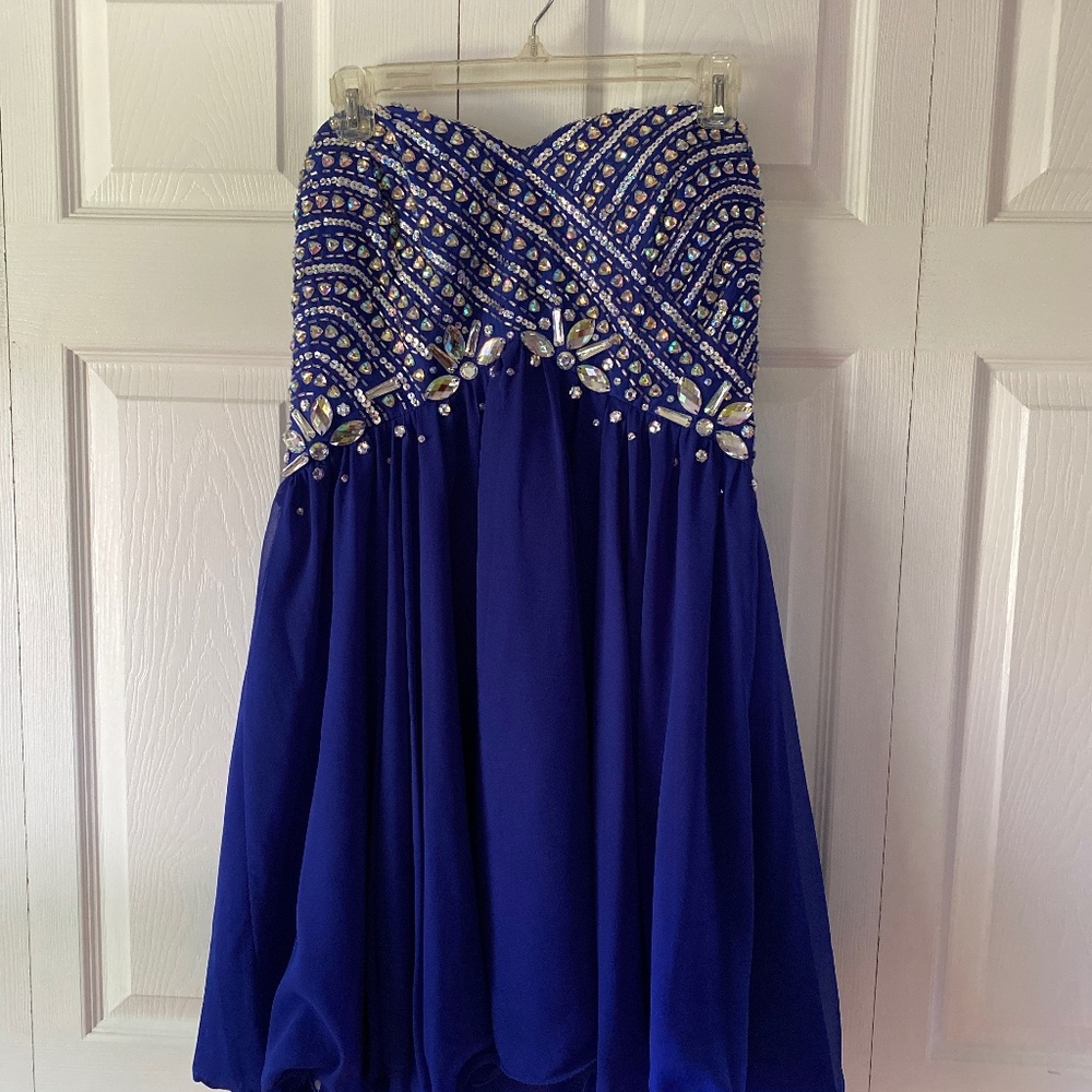 Royal blue strapless homecoming dress with rhinestones